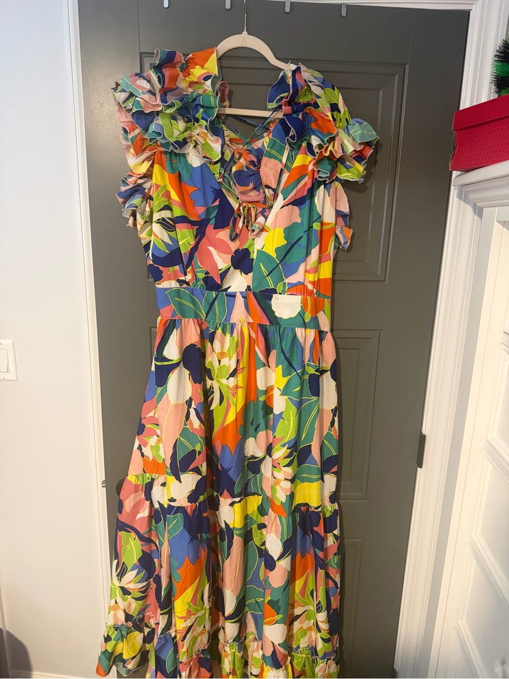 Colorful Ruffle Floral Midi Dress - Picture 2 of 6